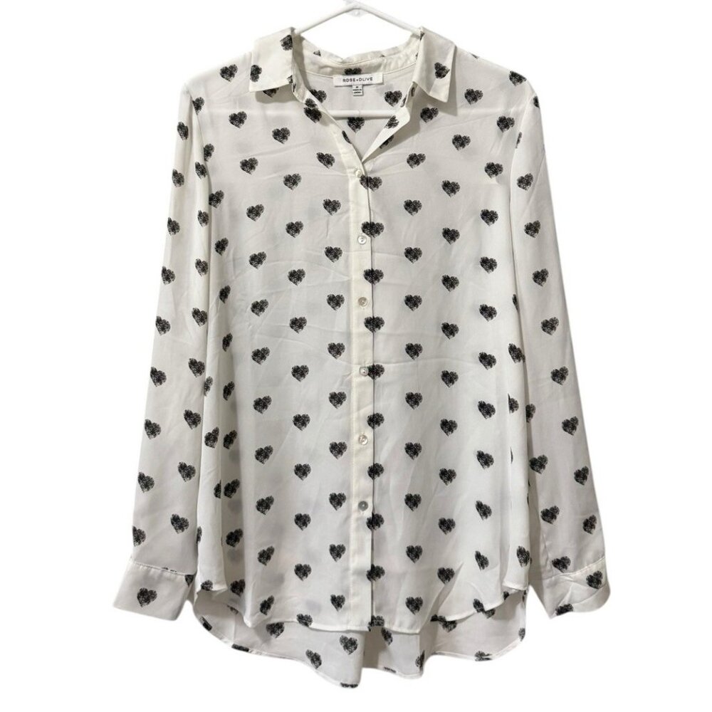 Rose + Olive Women Blouse Button Up‎ Ivory Black Hearts Pleated V-Neck Flowing